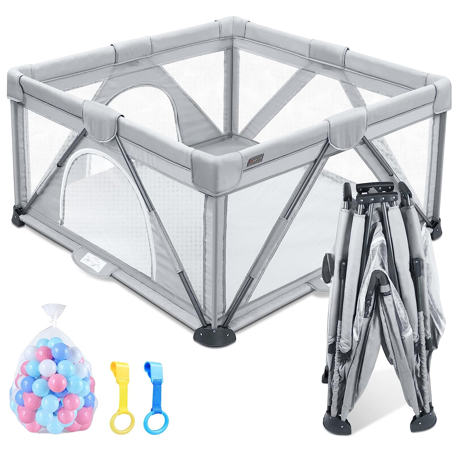Gray visible breathable mesh baby playpen with 2 Handlers + 50 balls –  Thebabyplaypen