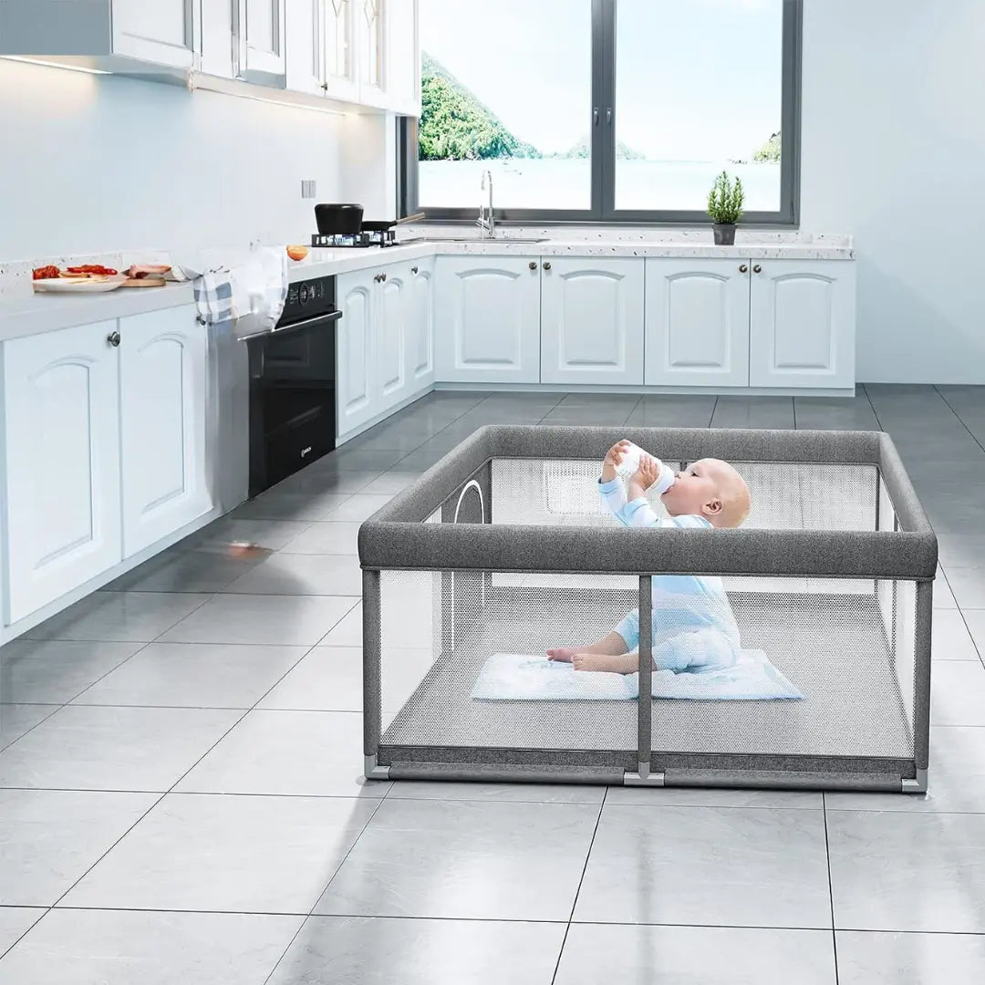 Baby Playpen Breathable Mesh Robust and Easy to Assemble 47″x47″ Gray