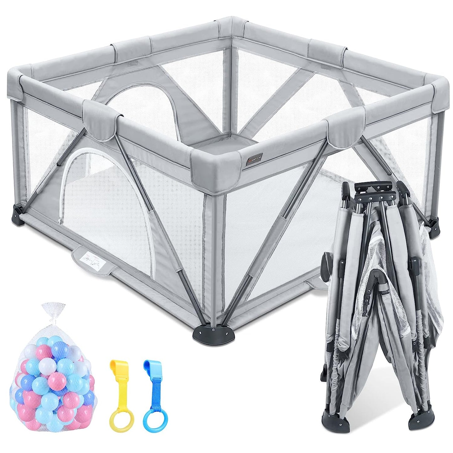 Gray visible breathable mesh baby playpen with 2 Handlers + 50 balls