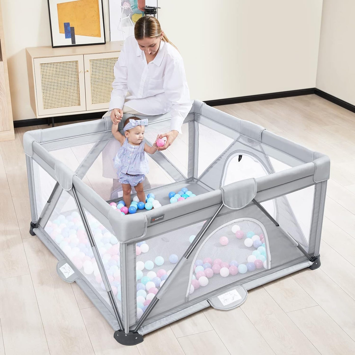 Gray visible breathable mesh baby playpen with 2 Handlers + 50 balls
